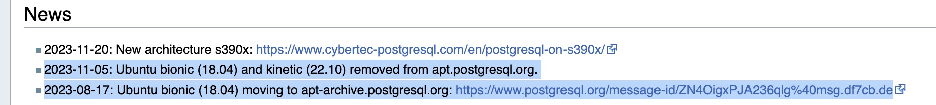 Information about outdated packages at wiki.postgresql.org